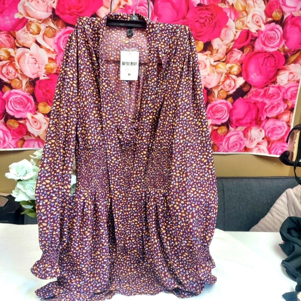 Forever 21 Burgundy Dress with Multicolor flowers Size Medium NWT